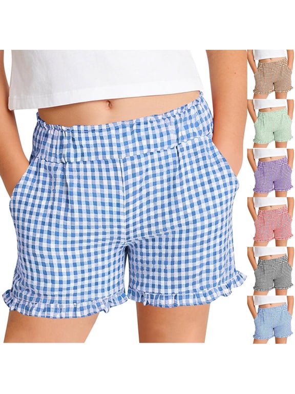Girls Plaid Ruffle Shorts Elastic Waist Casual Shorts with Pockets Beach Summer Comfy Cute Casual Shorts 5-16 Years