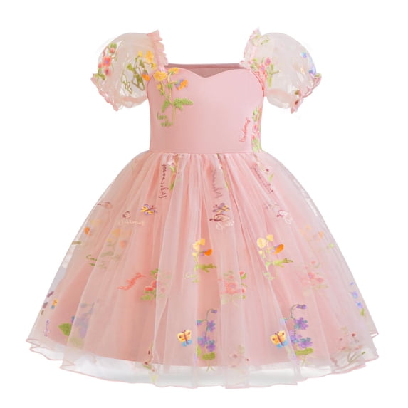 FAHXNVB Girls Puff Short Sleeve Midi Dress Mesh Embroidered Butterfly Solid Color Tutu Dress Summer Party Birthday Wedding Fashion Elegant Princess Dress 9M-5 Years