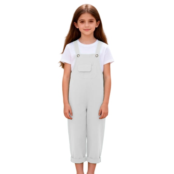 FAHXNVB Girls Ramper Solid Color Summer Jumpsuits with Pockets Kids One Piece Outfits Overalls 2-16 Years
