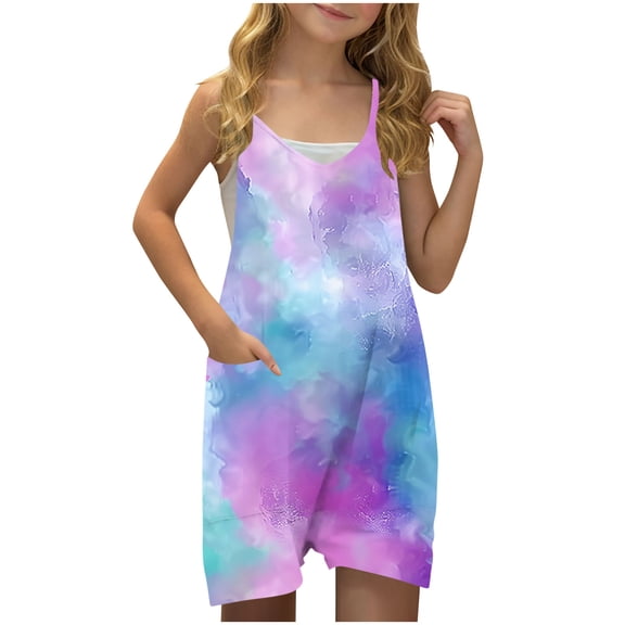 FAHXNVB Girls Romper Hearts Print Sleeveless V Neck Jumpsuit Short Outfits with Pocket Summer One Piece Casual Fashion Clothes 5-14 Years