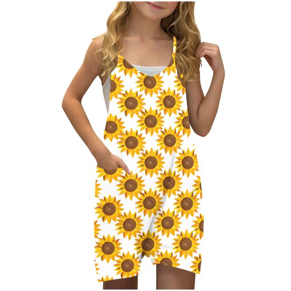 FAHXNVB Girls Romper Hearts Print Sleeveless V Neck Jumpsuit Short Outfits with Pocket Summer One Piece Casual Fashion Clothes 5-14 Years