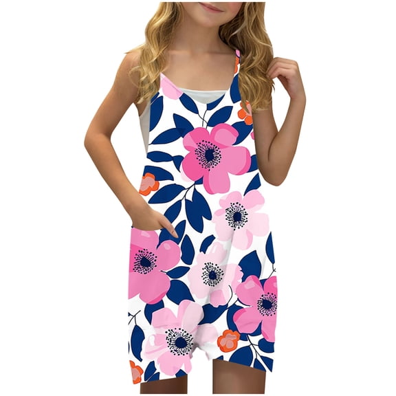 FAHXNVB Girls Romper Hearts Print Sleeveless V Neck Jumpsuit Short Outfits with Pocket Summer One Piece Casual Fashion Clothes 5-14 Years