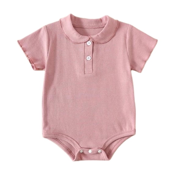 FAHXNVB Girls Romper Short Sleeve Ribbed Peter Pan Collar One Piece Jumpsuit Solid Color Summer Lightweight Basic Infant Outfits 3-24M