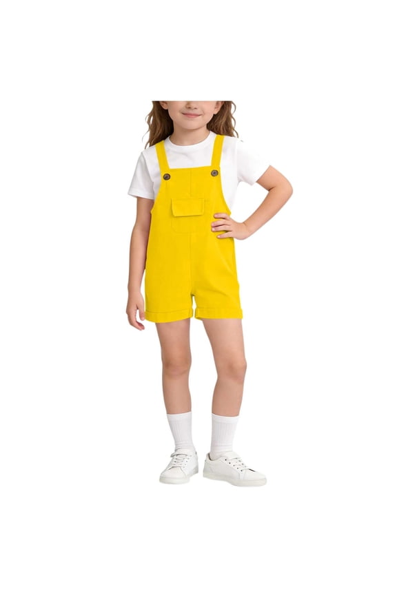 Girls School Uniform Overalls Adjustable Strap Rolled Cuff Jumpsuits with Pocket Summer Solid Color Fashion Comfortable Outfits 2-15 Years