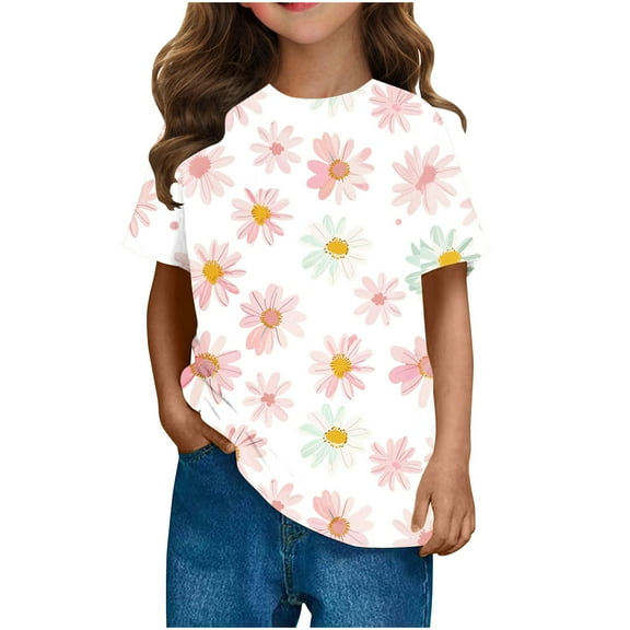 FAHXNVB Girls Short Sleeve T-Shirts Crewneck Chrysanthemum Print Soft Cotton Kids Casual Tees Tops Summer Fashion Breathable Shirts 3-14 Years