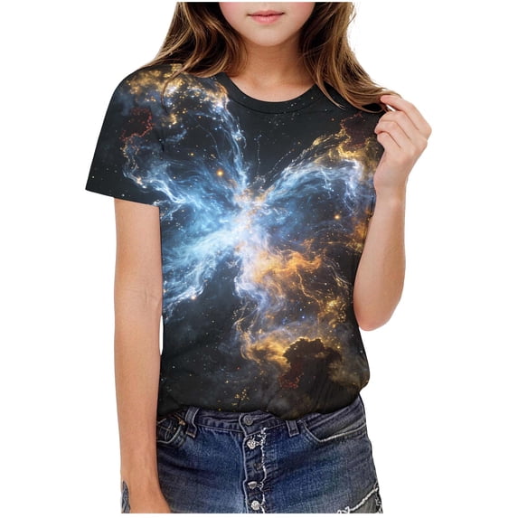 FAHXNVB Girls' Short Sleeve T-Shirts Crewneck Soft Cotton Galaxy Print Tees Tops Fashion Casual Comfortable Shirts 3-14 Years