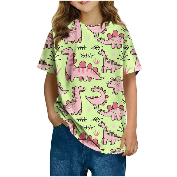 FAHXNVB Girls Short Sleeve T-Shirts Summer Crewneck Soft Cotton Cute Dinosaur Print Tees Tops Fashion Casual Shirts 3-14 Years