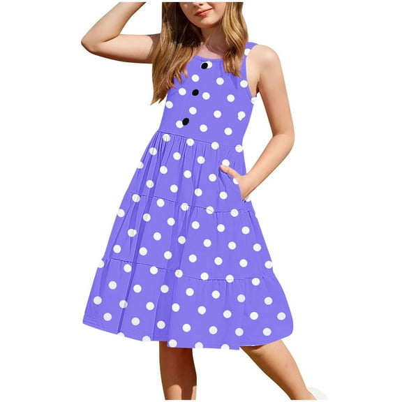 FAHXNVB Girls Sleeveless Dress Kids Crewneck Button Tiered Swing A-Line Flowy Sundress Summer Fashion Casual Graphic Print Beach Dress Outfit 2-12 Years