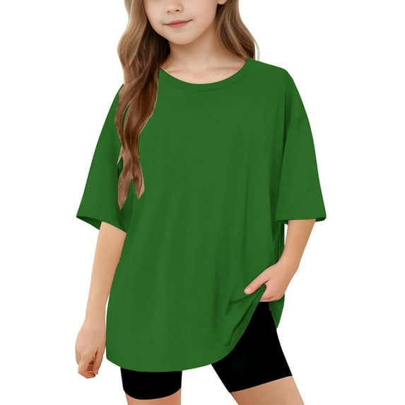 FAHXNVB Girls Solid Color T-Shirts Short Sleeve Kids Summer Oversized Casual Crewneck Soft Cotton Tees Tops Fashion Comfortable Basic Shirts 5-15 Years
