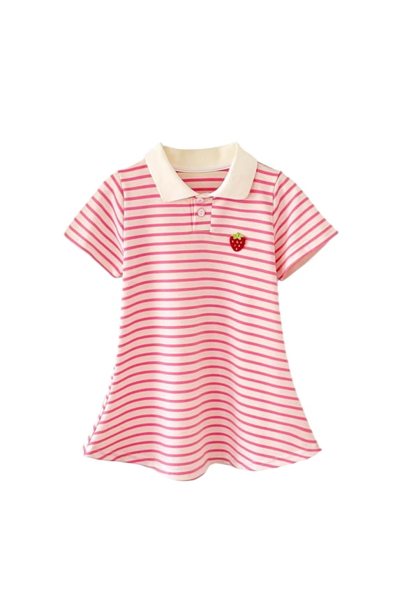 Girls' Striped Dress Short Sleeve Strawberry Print Collared Tunic Dress Summer Fashion Casual Comfy Dress 2-10 Years