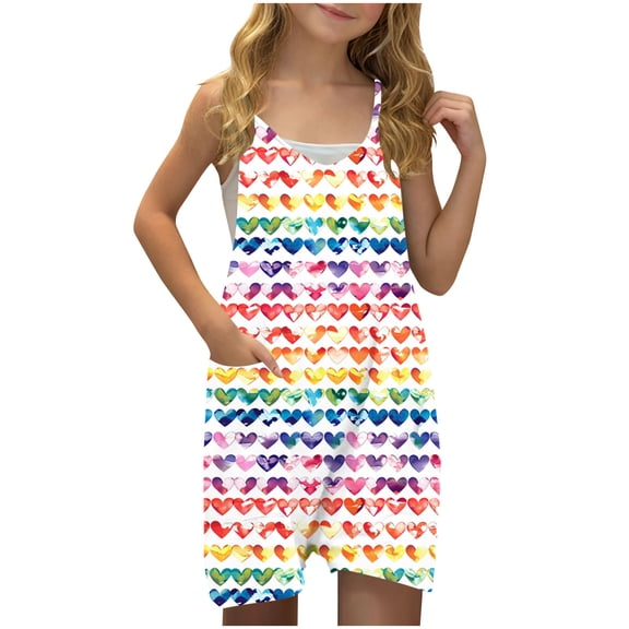 FAHXNVB Girls Summer Romper Hearts Print Sleeveless V Neck Jumpsuit Short Outfits with Pocket One Piece Casual Clothes 5-14 Years