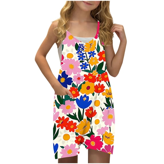 FAHXNVB Girls Summer Romper Hearts Print Sleeveless V Neck Jumpsuit Short Outfits with Pocket One Piece Casual Fashion Clothes 5-14 Years