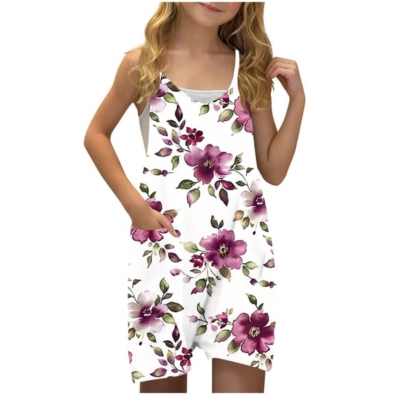 FAHXNVB Girls Summer Romper Hearts Print Sleeveless V Neck Jumpsuit Short Outfits with Pocket One Piece Casual Fashion Clothes 5-14 Years