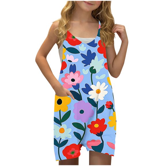 FAHXNVB Girls Summer Romper Hearts Print Sleeveless V Neck Jumpsuit Short Outfits with Pocket One Piece Casual Fashion Clothes 5-14 Years