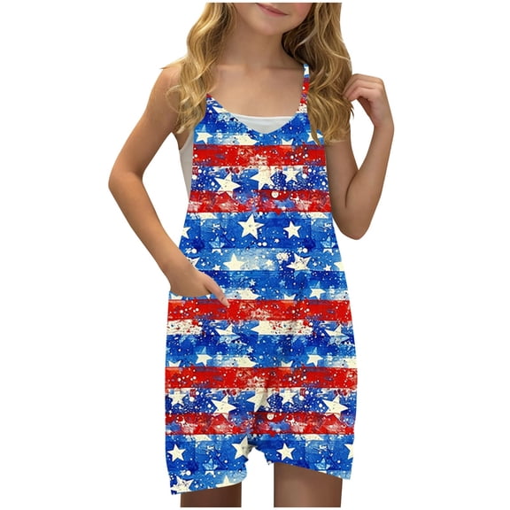 FAHXNVB Girls Summer Romper Sleeveless V Neck Graphic Print Jumpsuit Short Outfits with Pocket One Piece Casual Clothes 5-14 Years