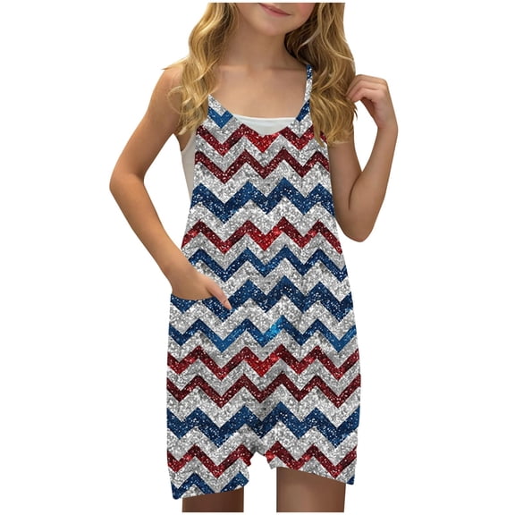 FAHXNVB Girls Summer Romper Sleeveless V Neck Graphic Print Jumpsuit Short Outfits with Pocket One Piece Casual Clothes 5-14 Years