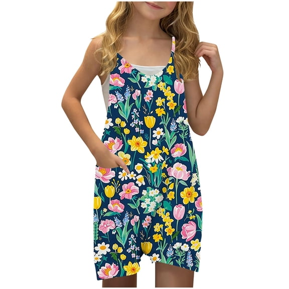 FAHXNVB Girls Summer Romper Sleeveless V Neck Graphic Print Jumpsuit Short Outfits with Pocket One Piece Casual Fashion Clothes 5-14 Years