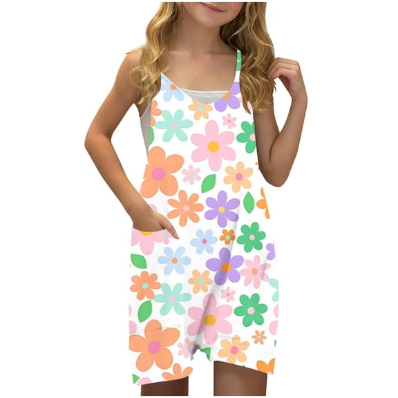 FAHXNVB Girls Summer Romper Sleeveless V Neck Graphic Print Jumpsuit Short Outfits with Pocket One Piece Casual Fashion Clothes 5-14 Years