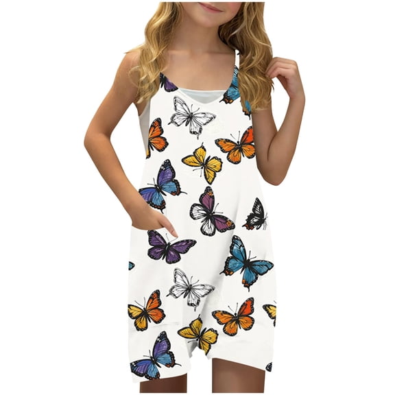 FAHXNVB Girls Summer Romper Sleeveless V Neck Graphic Print Jumpsuit Short Outfits with Pocket One Piece Casual Fashion Clothes 5-14 Years