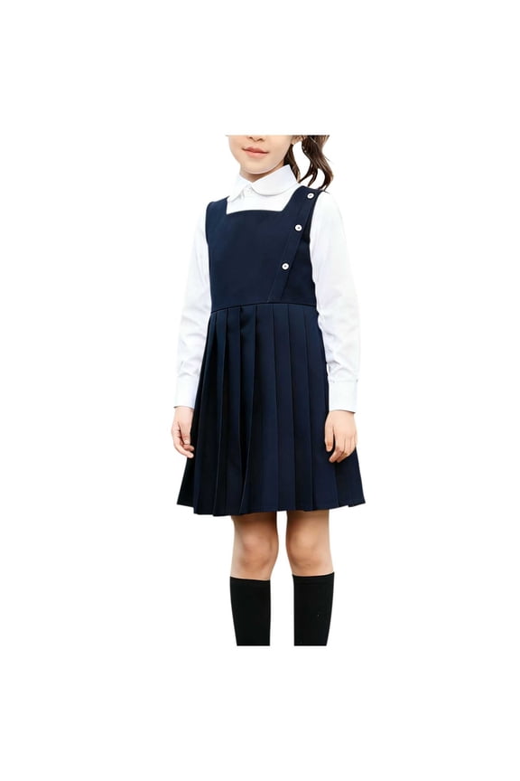 Girls' Two Piece Outfits Side Button Pinafore Dress and Long Sleeve Shirt School Uniform Set Breathable Soft Casual School Fashion Set 3-15 Years