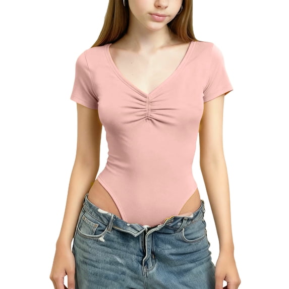 FAHXNVB Girls V Neck Bodysuits Short Sleeve Soft Cotton Solid Color Cute Casual Tops Fashion Comfortable Undershirts 3-15 Years