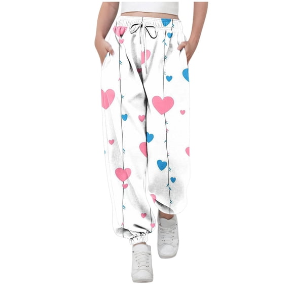 FAHXNVB Girls Valentine's Day Heart Print Sweatpants Elastic Waist Drawstring Soft Breathable Jogging Pants Fashion Casual Trousers 3-13 Years