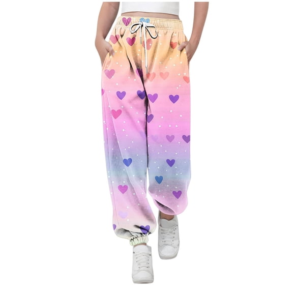 FAHXNVB Girls Valentine's Day Sweatpants Elastic Waist Drawstring Heart Print Soft Breathable Jogging Pants Fashion Casual Trousers 3-13 Years