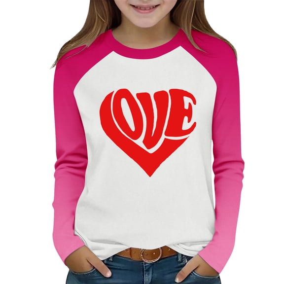 FAHXNVB Girls Valentine's Day T-Shirts Long Sleeve Lovely Hearts Print Color Block Tees Tops Fashion Casual Comfortable Shirts 2-15 Years