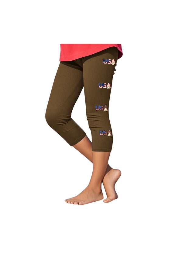 Girls Yoga Capri Leggings Comfortable Knee Length Athletic Independence Day Printed Pants Casual Fashion Pants 2-13 Years