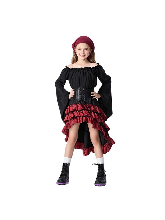 Halloween Costumes Girls Pirate Costume Renaissance Dress Steampunk Captain Long Sleeve Buccaneer Dress Funny Birthday Party Play Outfits 3-12 Years