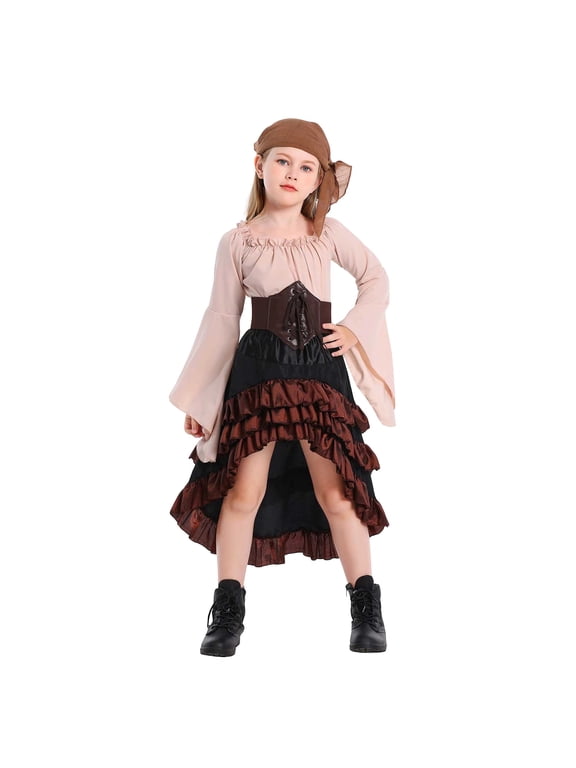Halloween Costumes Girls Pirate Costume Renaissance Dress Steampunk Captain Long Sleeve Buccaneer Dress Funny Birthday Party Play Outfits 3-12 Years