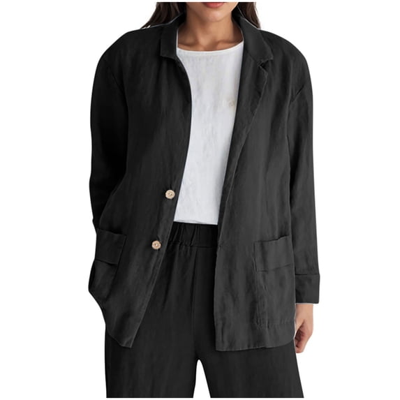 FAHXNVB Linen Blazer for Women Long Sleeve Lightweight Spring Summer Blazer Jackets with Pockets Solid Color Cardigan Jacket