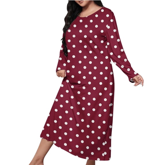 FAHXNVB Long Nightgowns for Women Polka Dot Printed Crewneck Long Sleeve Nightdress Casual Lightweight Soft Ladies Sleepwear S-5XL