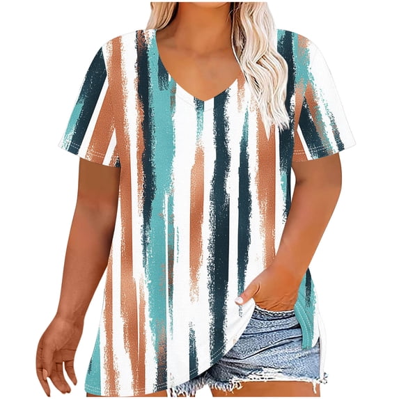 FAHXNVB Loose Fit T-Shirts for Women Plus Size Floral Print V-Neck Short Sleeve Breathable Tees Tops Fashion Casual Comfy Shirts,XL,Blue