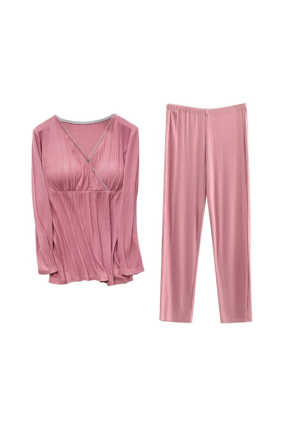 Maternity Nursing Pajama Set Long Sleeve Top & Pants Breastfeeding Sleepwear Double Layer Pregnancy Pjs,L