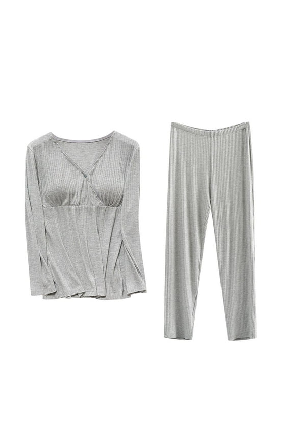Maternity Nursing Pajama Set Long Sleeve Top & Pants Breastfeeding Sleepwear Double Layer Pregnancy Pjs,L