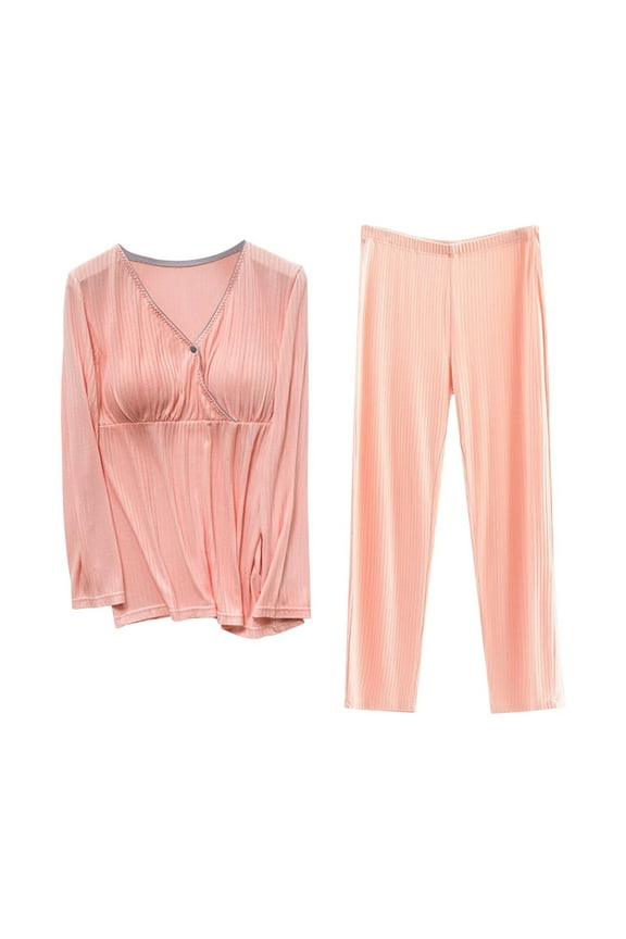 Maternity Nursing Pajama Set Long Sleeve Top & Pants Breastfeeding Sleepwear Double Layer Pregnancy Pjs,M