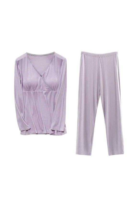 Maternity Nursing Pajama Set Long Sleeve Top & Pants Breastfeeding Sleepwear Double Layer Pregnancy Pjs,XXL