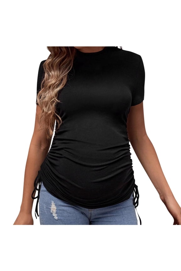 Maternity Tops for Women Crew Neck Ruched Side Short Sleeve Pregnancy T-Shirt Basic Stretch Cotton Tees,L
