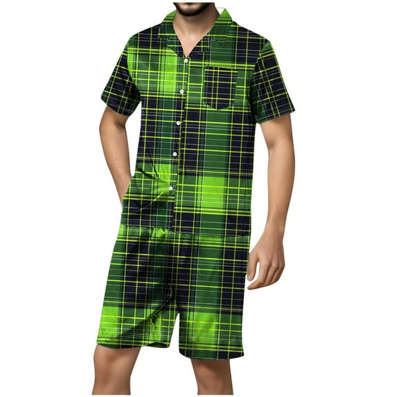 FAHXNVB Men Plaid Pajamas Sets Short Sleeve Button-Down Sleepwear Tops and Shorts Sets Two-Pieces Loungewear with Pockets