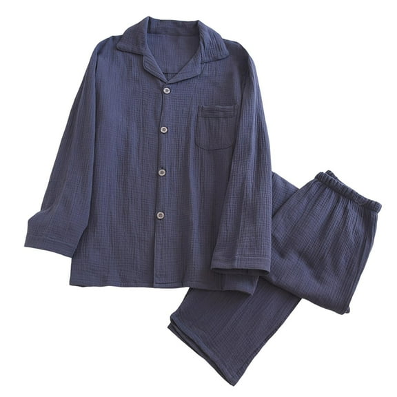 FAHXNVB Men's Cotton Pajama Sets Long Sleeve Button Down Notched Collar Sleepwear Tops and Pjs Pants Sets Soft Lounge Pjs with Pockets