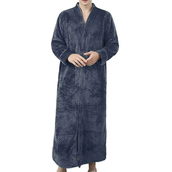 FAHXNVB Men's Flannel Nightshirt Full Zip V Neck Long Sleeve Fleece Long Nightgown with Pockets Winter Warm Soft Fluffy Housecoats