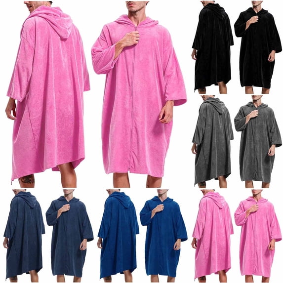 FAHXNVB Men's Fleece Robe with Hood Zip Up Long Sleeve Plush Bathrobe Fall Winter Warm Soft Lounge Midi Robes