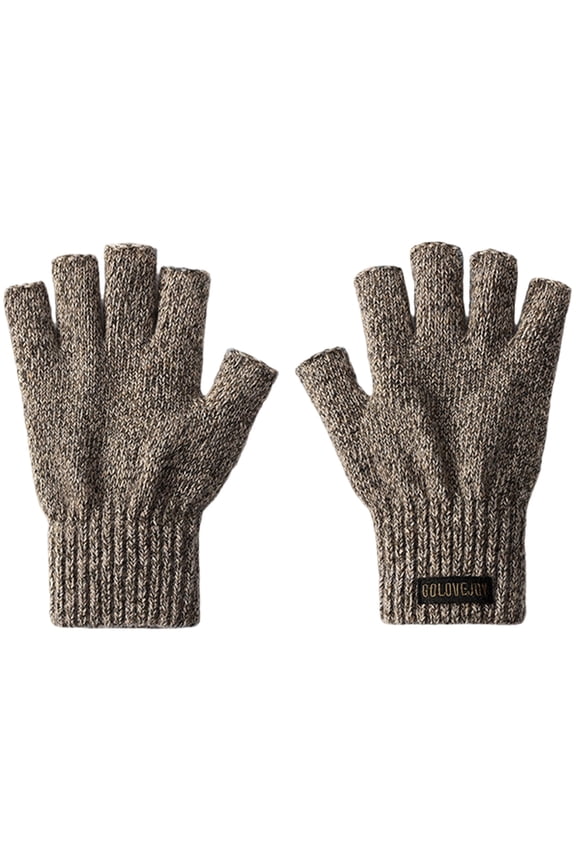 Men's Mid-Weight Fingerless Glove, Brown Tweed Ragg Wool Gloves With Inner Fleece Palm Lining Outdoor Work Cable Knitted Gloves