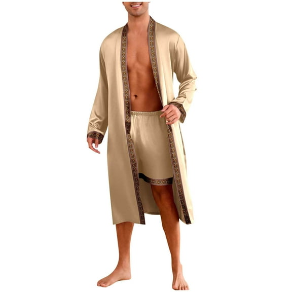 FAHXNVB Men's Satin Robe Lightweight Long Sleeve Silk Kimono Bathrobe with Shorts Set Comfy Soft Long Sleeve Sleepwear Set