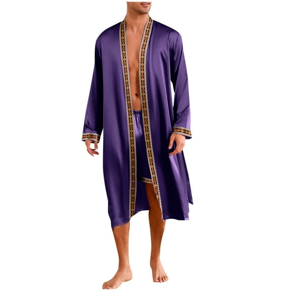 FAHXNVB Men's Satin Robe Lightweight Long Sleeve Silk Kimono Bathrobe with Shorts Set Comfy Soft Long Sleeve Sleepwear Set