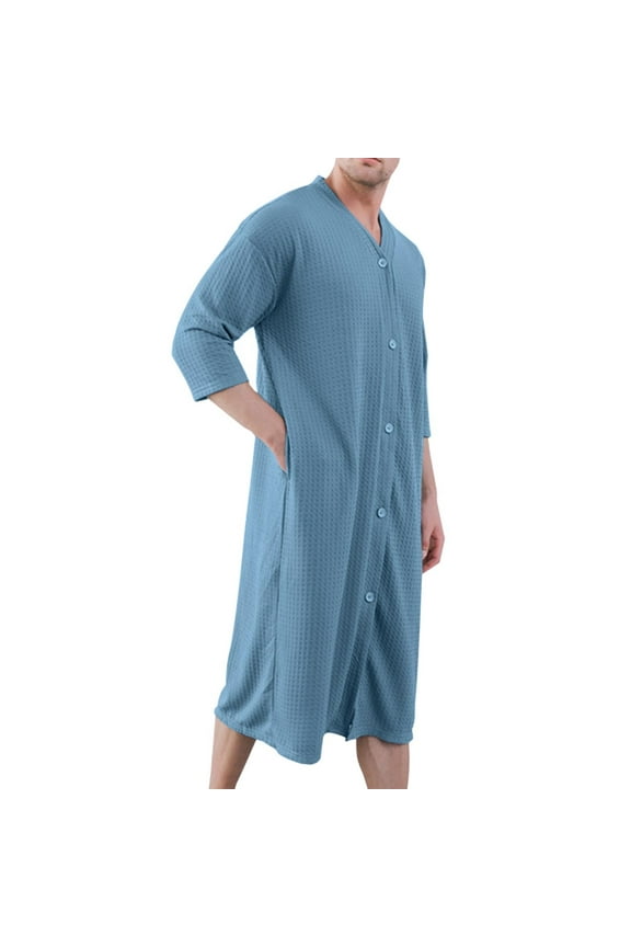 Men's Soft Robe Lightweight Waffle Knit Button Down House Coat Summer V Neck Comfy 3/4 Sleeve Housecoat Sleep Shirt with Pockets