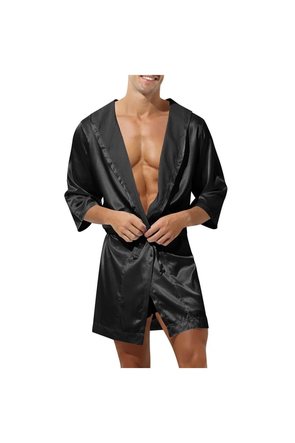 Men's Summer Satin Robe 3/4 Sleeve Short Silky Kimono Bathrobe with Hood Solid Color Lightweight Soft Loungewear Nightwear,L,Black