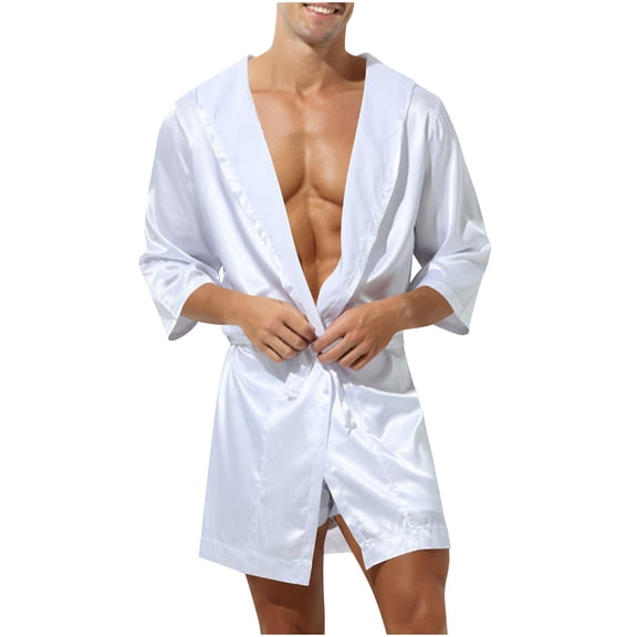 FAHXNVB Men's Summer Satin Robe 3/4 Sleeve Short Silky Kimono Bathrobe with Hood Solid Color Lightweight Soft Loungewear Nightwear,M,White