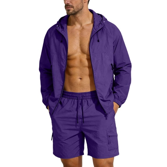 FAHXNVB Mens 2 Piece Summer Outfits Ice Silk Sun Protection Zip Up Hooded Jacket and Drawstring Shorts Sets Tracksuits Activewear